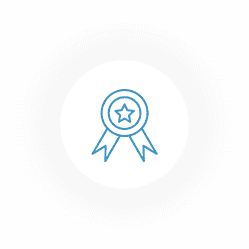 A blue and white icon of a medal.